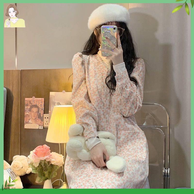 váy babydoll chân váy dài Bộ Áo Thun + Chân Váy Nhung Họa Tiết Hoa Phong Cách Retro Hàn Quốc Thời Trang Thu Đông Cho Nữ