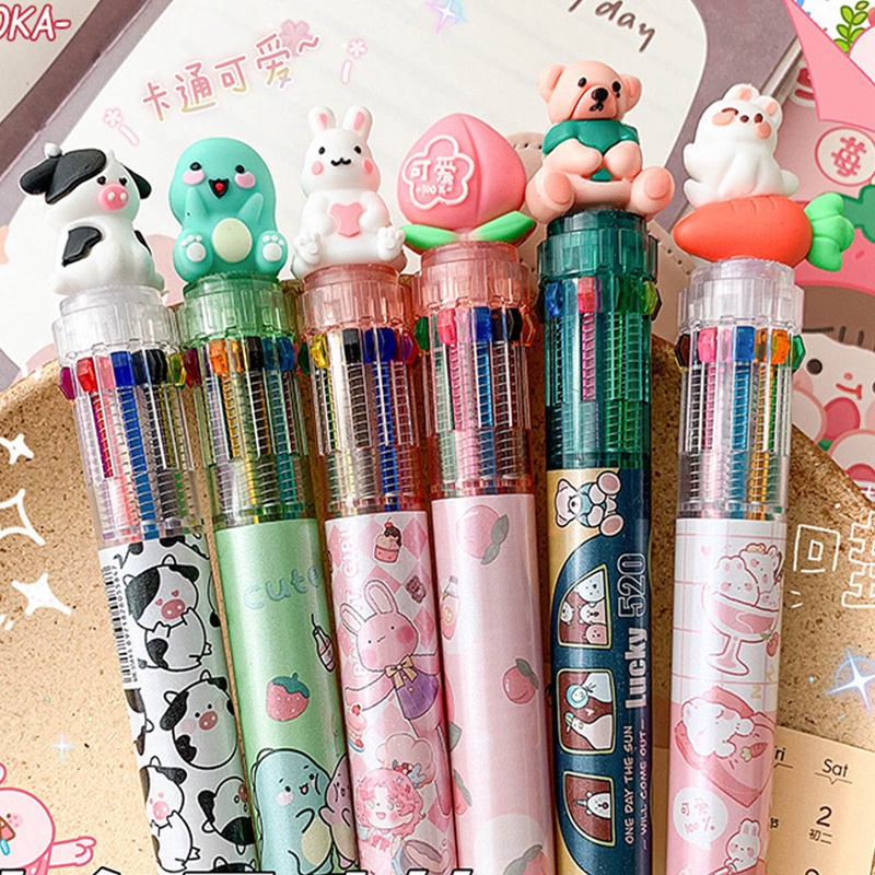 Bút Bi Hình Động Vật Hoạt Hình Nhiều Màu Sắc Kèm 10 Ngòi Thay Thế