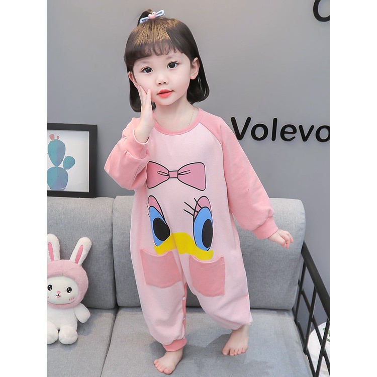 Bộ Đồ Ngủ Liền Thân Tay Dài Chất Liệu Cotton Nguyên Chất Chống Đá Họa Tiết Hoạt Hình Dễ Thương Cho Bé