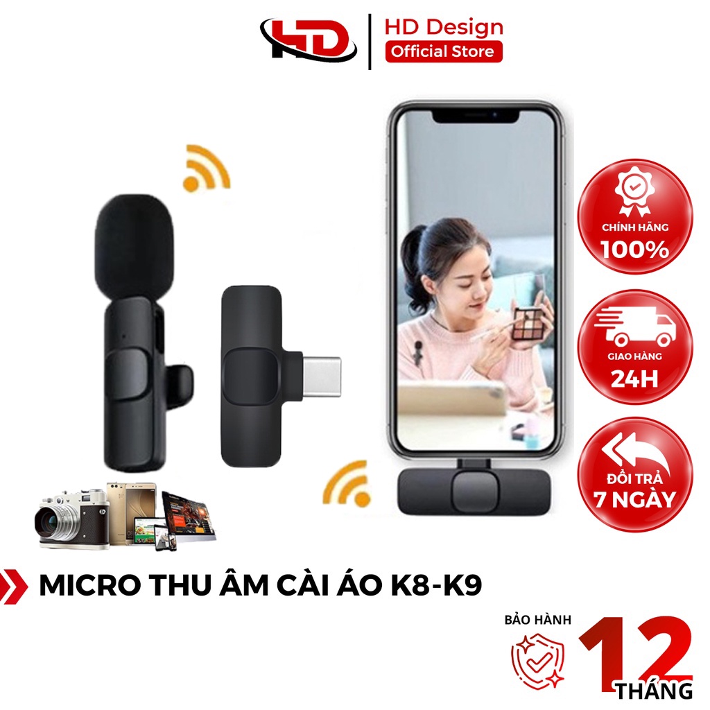 Micro thu âm không dây cài áo K8 - K9, - Khử Tiếng Ồn Cao Cấp - Khoảng Cách 20m- Chính Hãng HD DESIGN