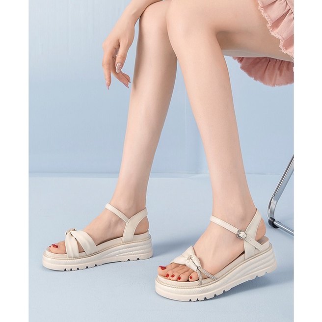 Giày sandal đế xuồng cao 5.5cm, quai nơ đính đá xinh xắn (size 36, 37, 39)