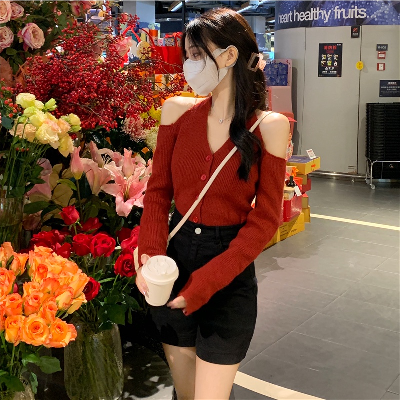 Áo Dệt Kim Tay Dài Hở Vai Cổ Chữ V Thời Trang Hàn Quốc Dành Cho Nữ