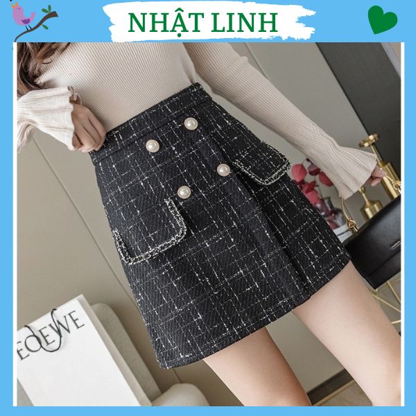 Chân váy dạ tweed dáng chữ A đính ngọc có nắp túi cao cấp NHẬT LINH - CV523