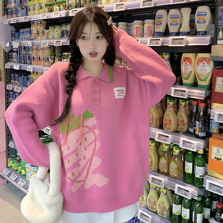 Jiashucheng Áo Sweater Dáng Rộng Tay Dài Mềm Mại Cổ polo Phối Tua Rua Thiết Kế Hình Dâu Tây Ngọt Ngào Phong Cách Preppy