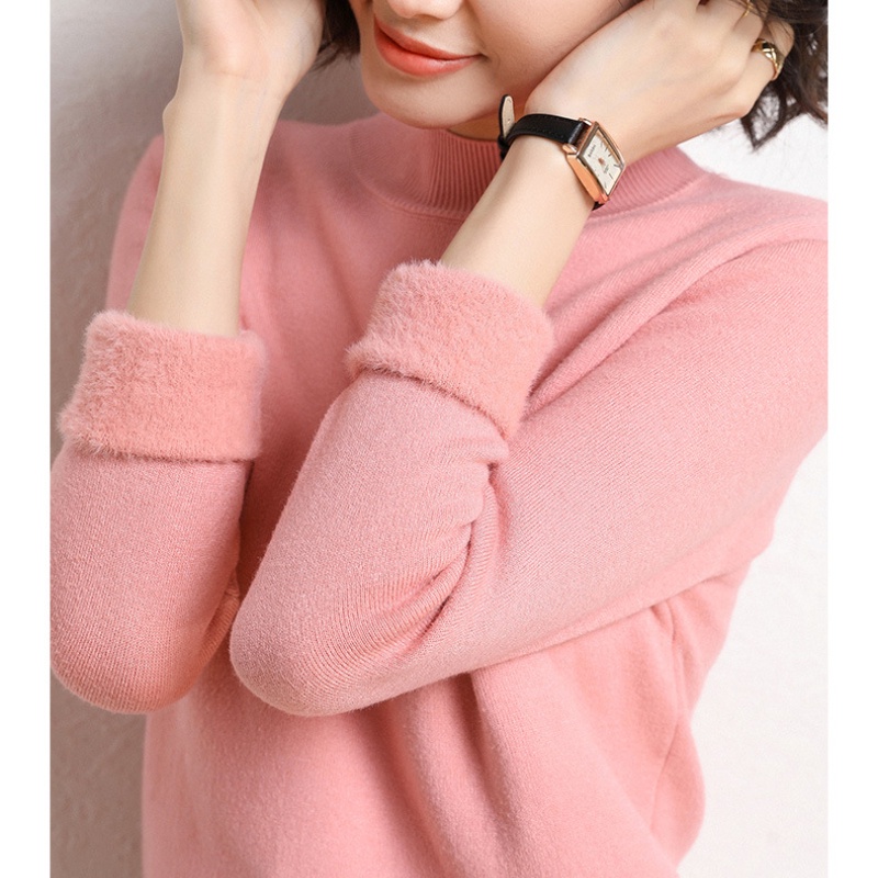 Áo Sweater Dệt Kim Vải Lông Cừu Dày Dặn Tay Dài Màu Trơn Thời Trang Thu Đông Cho Nữ