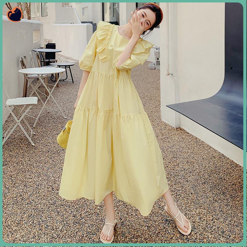 Đầm Tay Phồng Cổ Búp Bê Màu Vàng Nhạt Phong Cách Pháp Ngọt Ngào Thời Trang Mùa Hè Cho Nữ