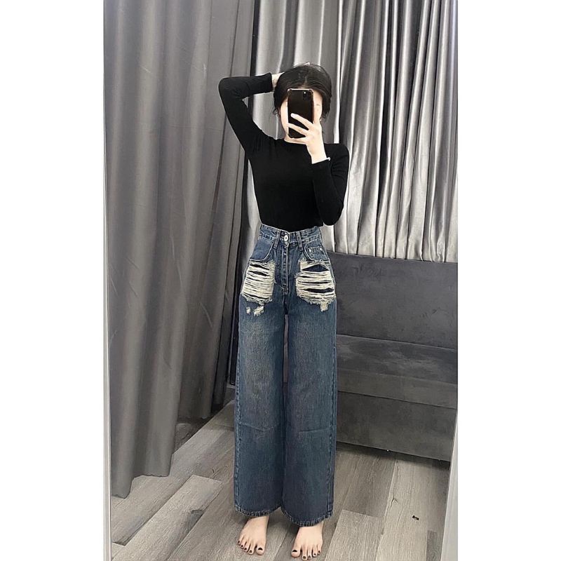 Quần jeans suông ống rộng lưng cao rách túi QC TNGER