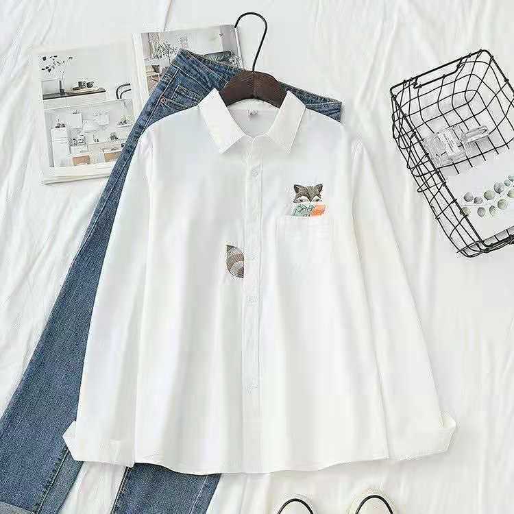 Áo Sơ Mi Tay Dài Chất Cotton Hoạ Tiết Sóc Thêu Size S-3Xl