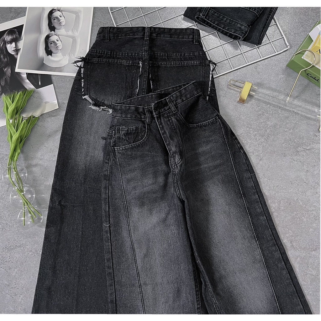QUẦN JEANS ỐNG RỘNG NỮ LƯNG CAO XẺ HÔNG XÉO TÚI XÙ SAU LƯNG MÀU XÁM ĐẬM LAI CUỐN PHONG CÁCH ĐỈNH CAO