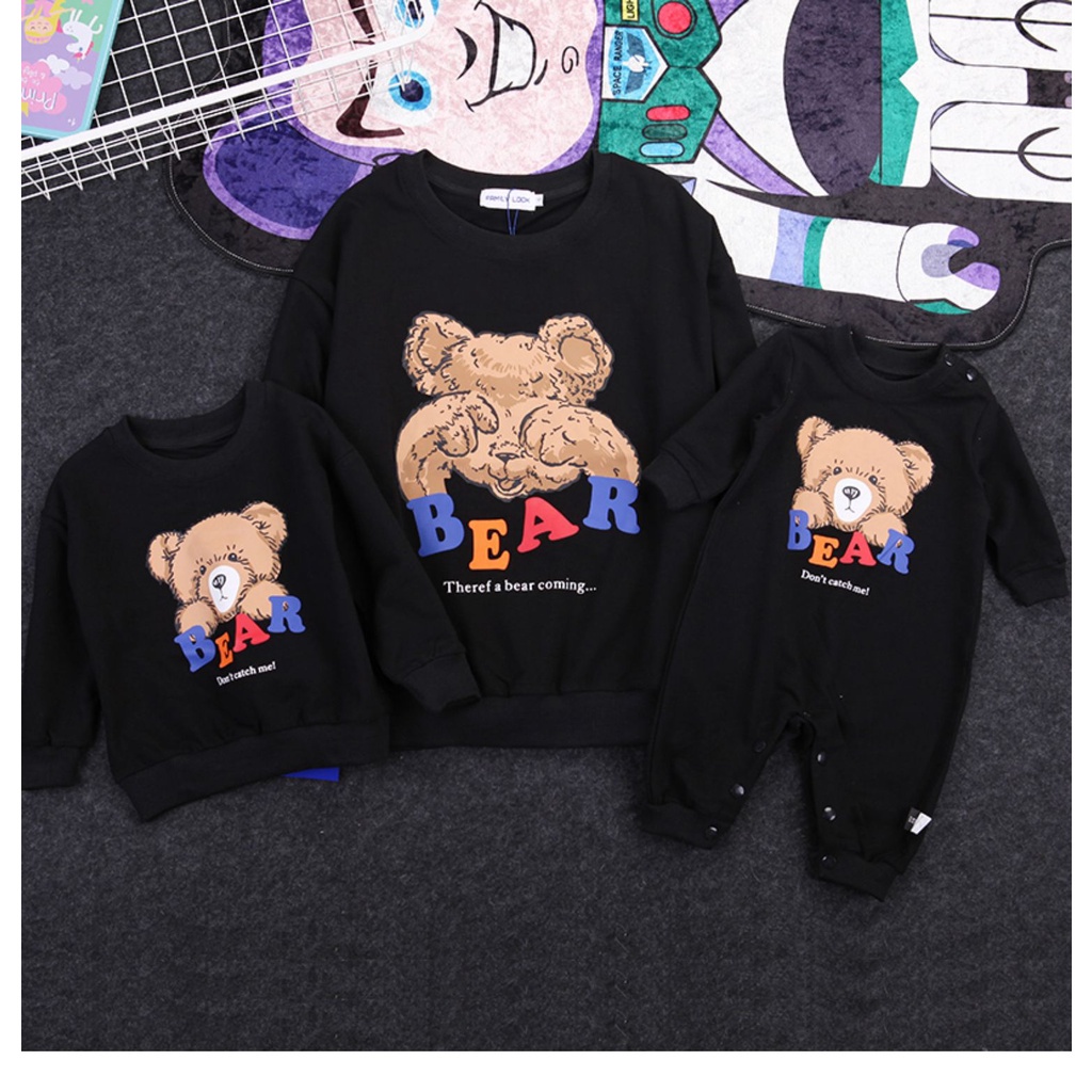 Áo Gia Đình Thu Đông Familylove - Áo Gia Đình Mùa Đông 3/4/5 Người Cotton Nỉ Cao Cấp Họa Tiết Gấu Bear Dễ Thương