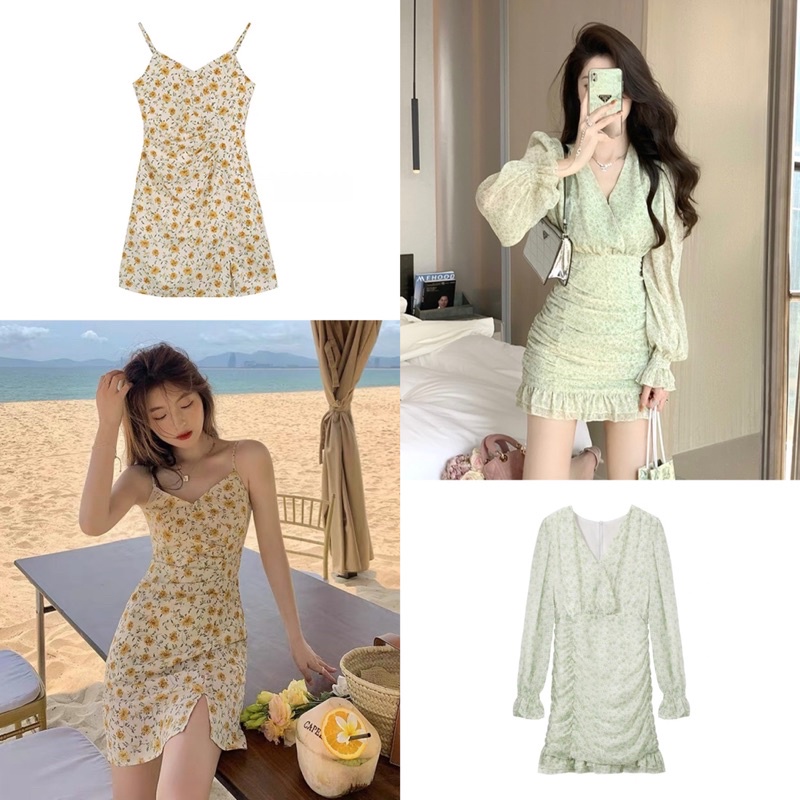 (Săn sale Trung) Đầm váy ngắn bông hoa Quảng Châu hai dây 2 dây tay dài ôm body thời trang nữ đi tiệc du lịch đi biển