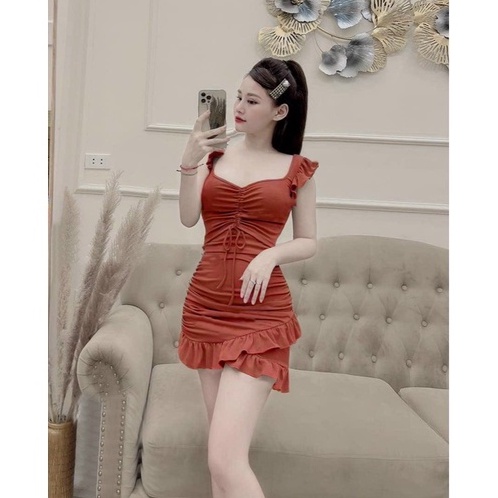 Đầm Body đuôi cá nhún eo tay cánh tiên vai bèo phối dây rút ngực chất thun Borip