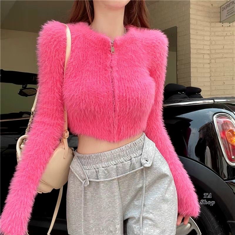 Áo len khoá croptop lông thỏ