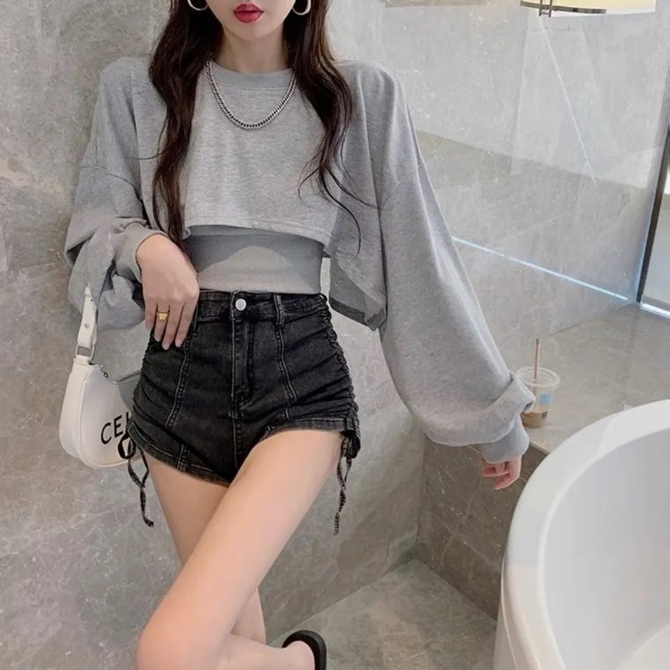 Áo Thun Tay Dài Dáng Rộng + Quần Ngắn Phong Cách Hàn Quốc Thời Trang Cho Nữ