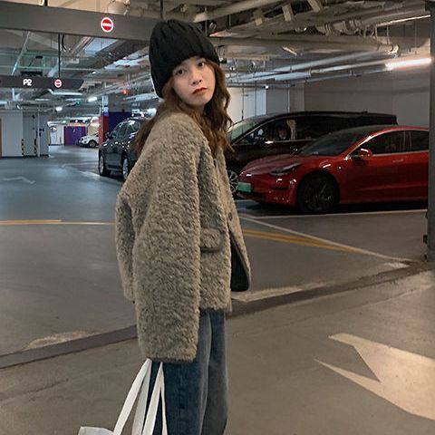 Áo Khoác Len Lông Cừu Ngắn Dáng Rộng Cổ Chữ V Thời Trang Thu Đông Hàn Quốc 2022