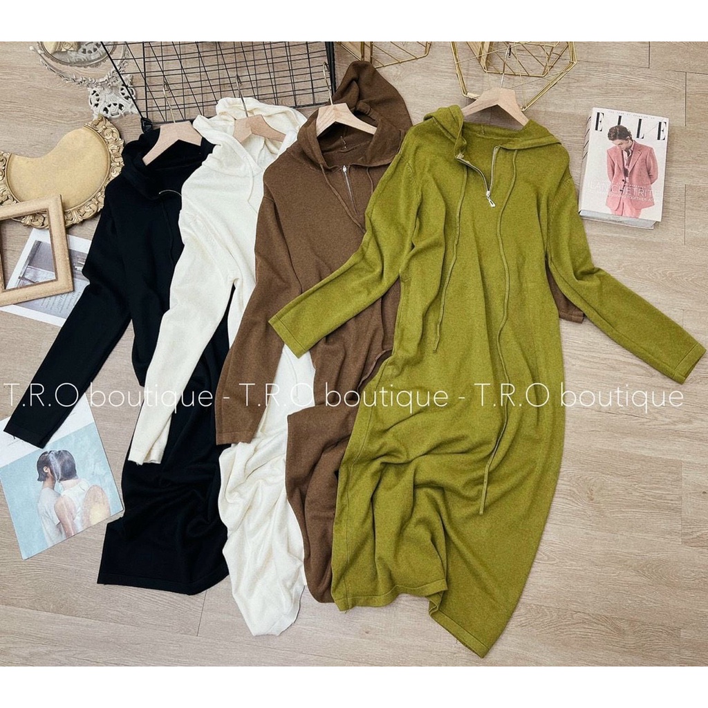 Váy len suông trơn mũ khóa midi hàng QC mềm mịn