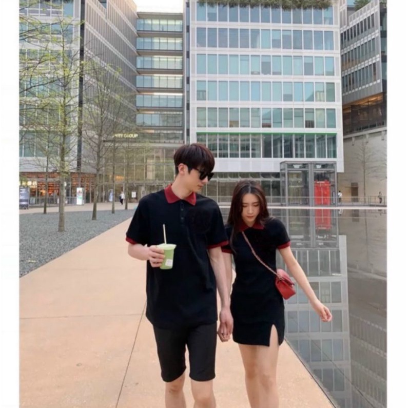 Váy thun đôi nam nữ polo cổ bẻ trang trí