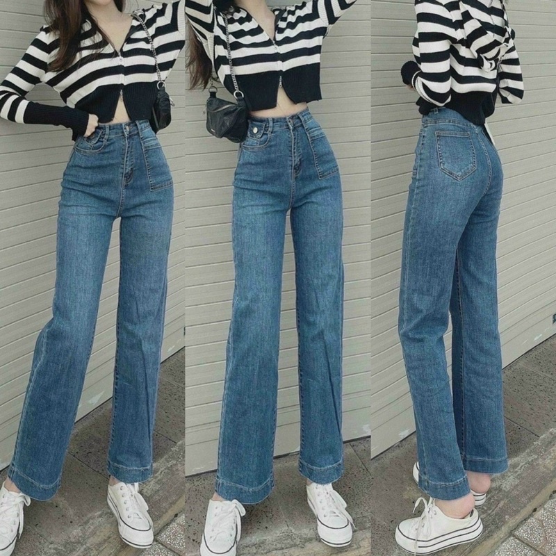 Quần Jean Ống Đứng, Quần Bò Nữ Cạp Cao Loại 1 Không Giãn Không Xù