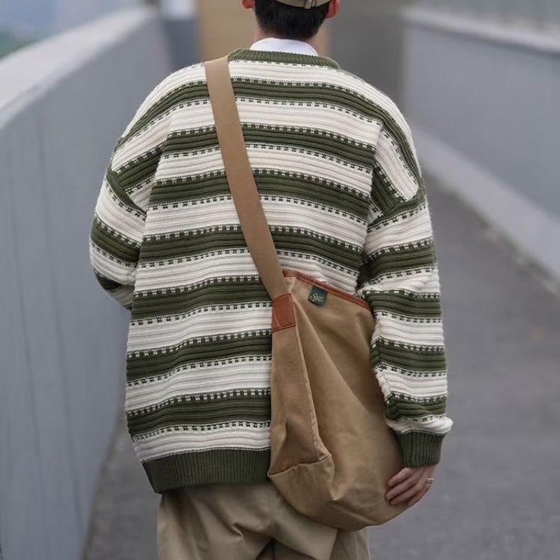 ♞AFF LIGA♞ Áo Sweater Dáng Rộng Cổ Tròn Kẻ Sọc Thời Trang Mùa Thu Cho Nam