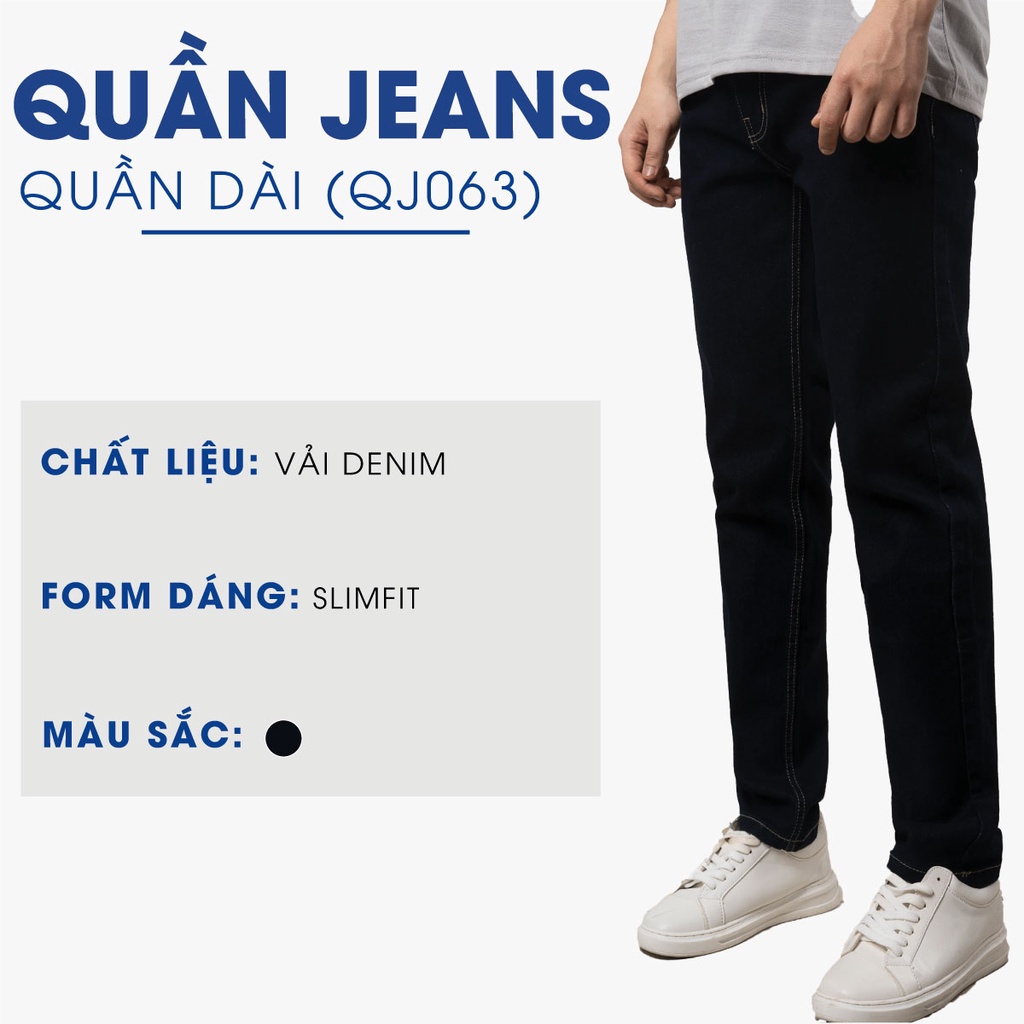 Quần jeans nam xanh đen trơn basic 4MEN QJ063 chất vải dày dặn, bền đẹp, co giãn, form Slimfit tôn dáng, trẻ trung