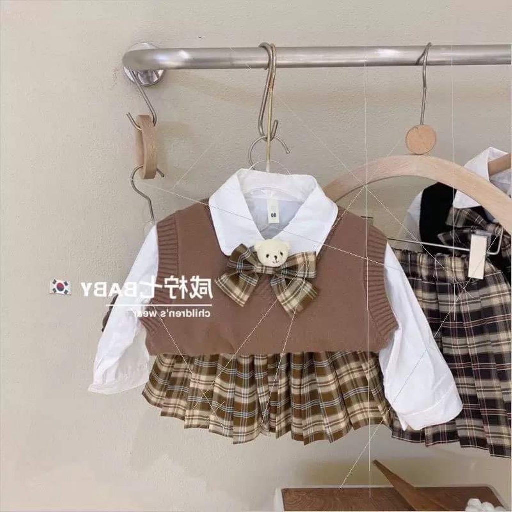 Đầm bé gái, set 3ct: áo sơ mi, áo len gile và chân váy xếp ly cho bé