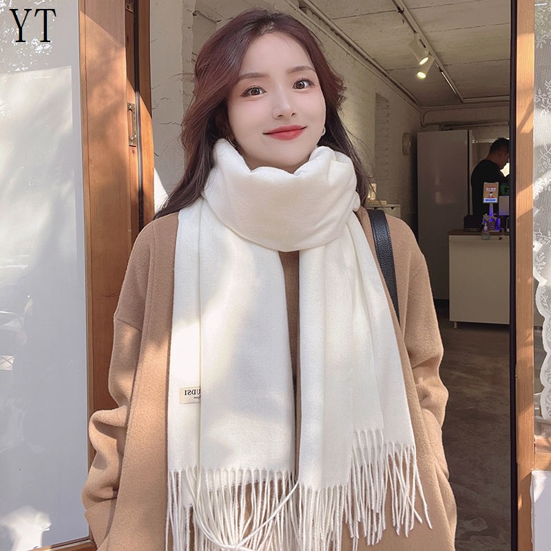 Khăn Choàng Cổ Vải Cashmere Cao Cấp Dày Dặn Màu Trắng Sữa Dễ Phối Đồ Phong Cách Nhật Bản