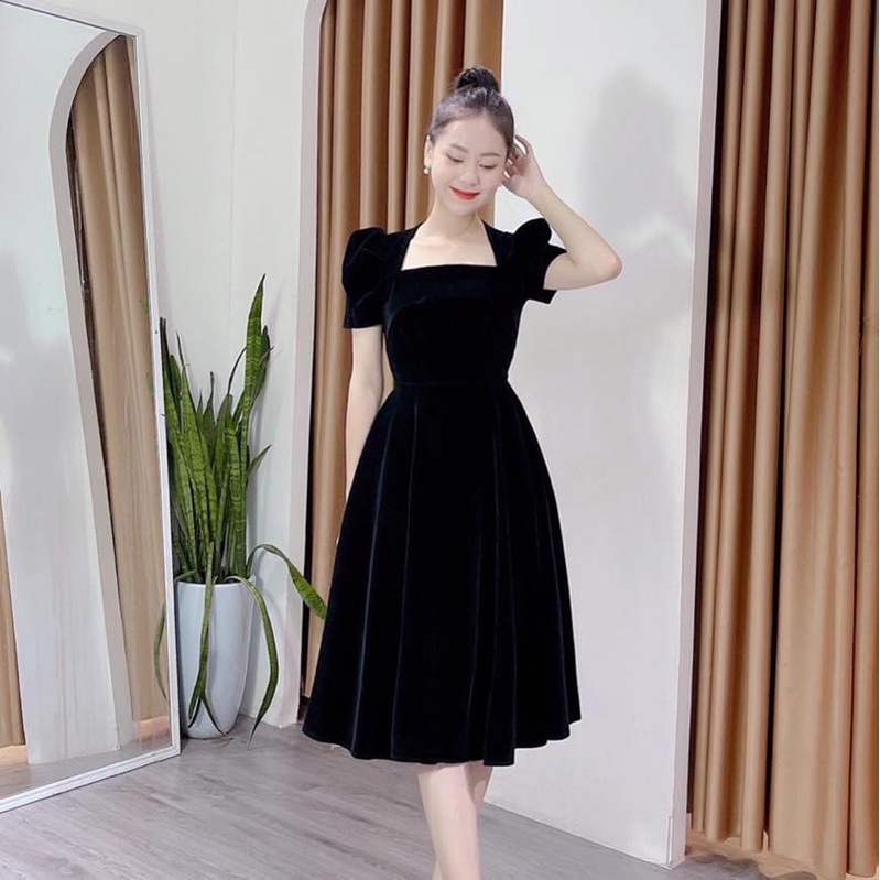 VÁY NHUNG CỨNG DÁNG XOÈ DÀI 105CM TIỂU THƯ KÈM TAG ĐÁ