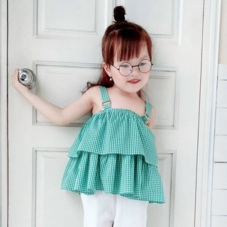 Áo vải hai dây sọc carô cho bé Gái cực xinh, áo hai dây đũi cho bé Gái.