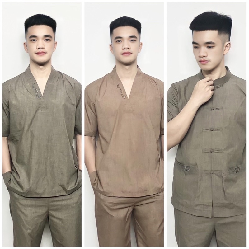 Bộ đi lễ cho nam, đồ đi chùa cho nam, mẫu tixi cổ V vải dày đẹp và thoáng mát