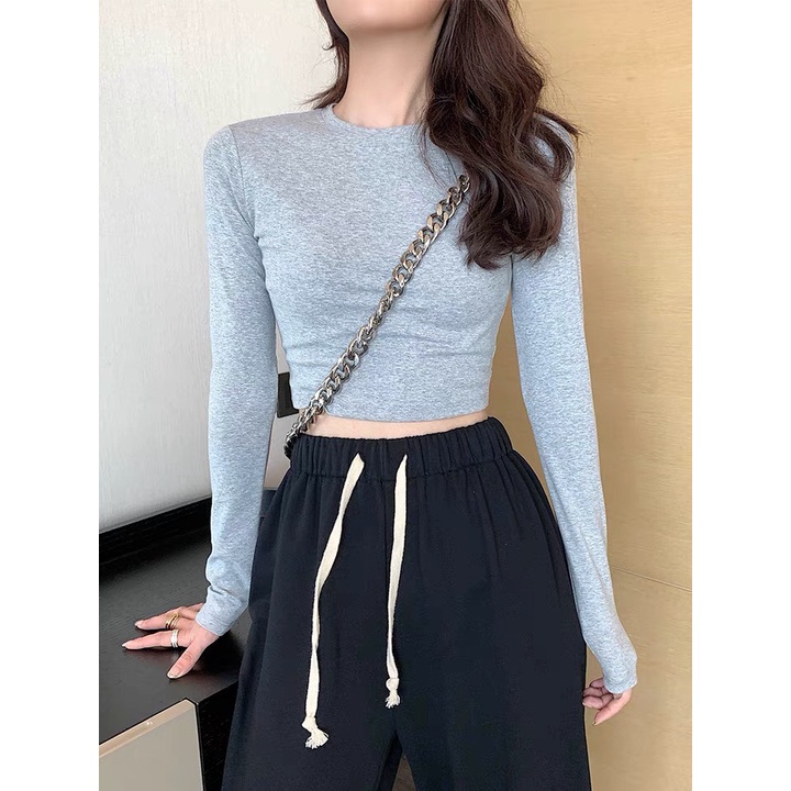 Áo croptop nữ tay dài CANA chất Zip Hàn 100% Cotton, Áo thun giữ nhiệt tay dài dáng rộng cá tính mã C3