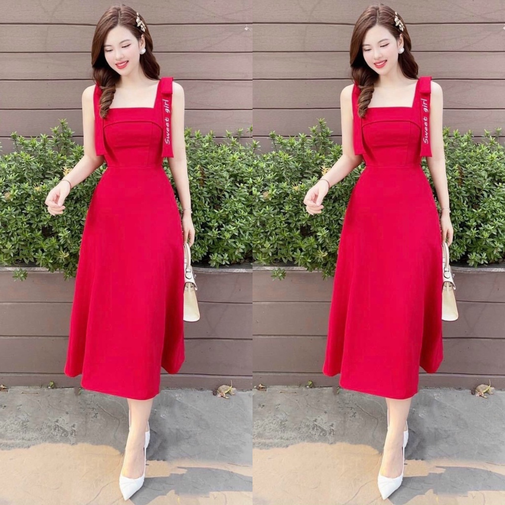 Đầm váy nữ 2 dây cột nơ dáng xòe màu đỏ quý phái tôn da,tôn dáng sang trọng dự tiệc đi chơi ,dạo phố