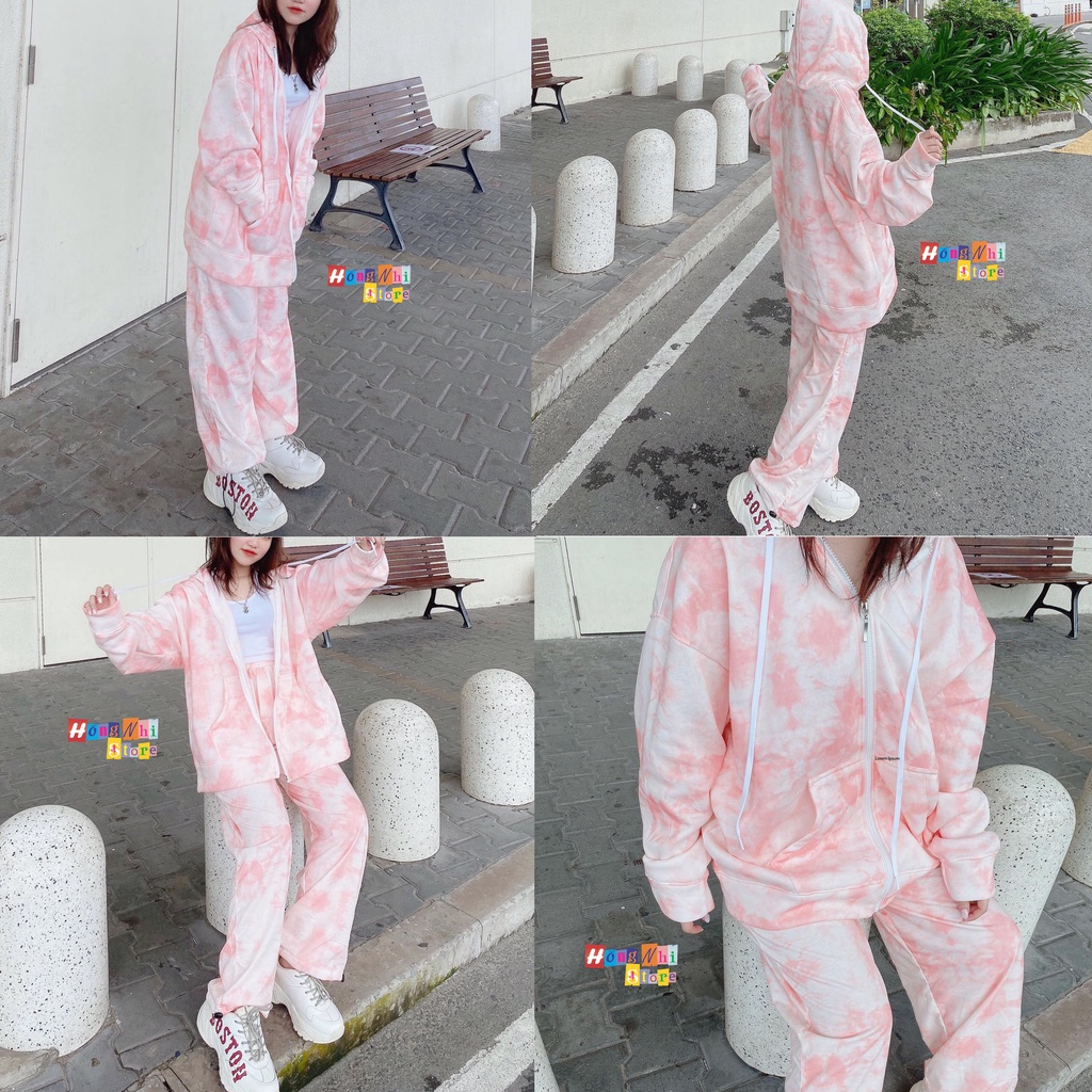 Set Bộ Áo Hoodie Zip Tie Dye Loang Màu Phối Quần Jogger 3D Dây Rút Cao Cấp Oversize Ulzzang Unisex - MM