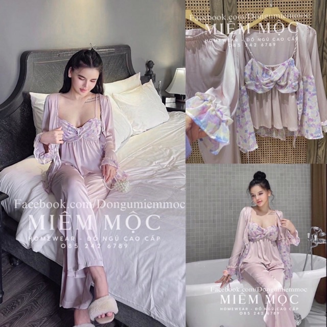 ♥️Hàng QC♥️Set 3 món áo choàng tím + quần dài hãng Lyly_Thanhhien997_lụa satin mền mỏng mịn, Form rộng thoải mái 436.