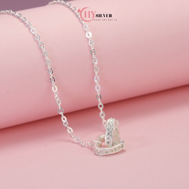 (video ảnh thật) Dây chuyền bạc ta 2 trái tim đính đá lồng nhau gắn kết vòng cổ nữ bạc thật giá rẻ