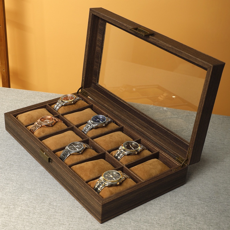 Hộp khay đựng đồng hồ bằng gỗ bọc da có nắp đậy cao cấp, sang trọng