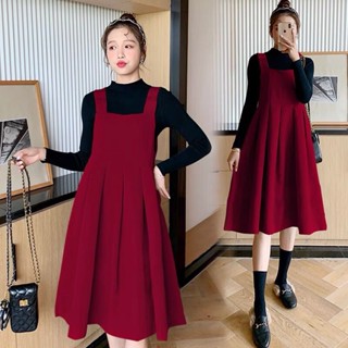  Sét yếm bầu Nhung tăm đỏ đô-kèm áo trong cotton phù hợp mùa thu đông cho các chị em size 40-75KG 