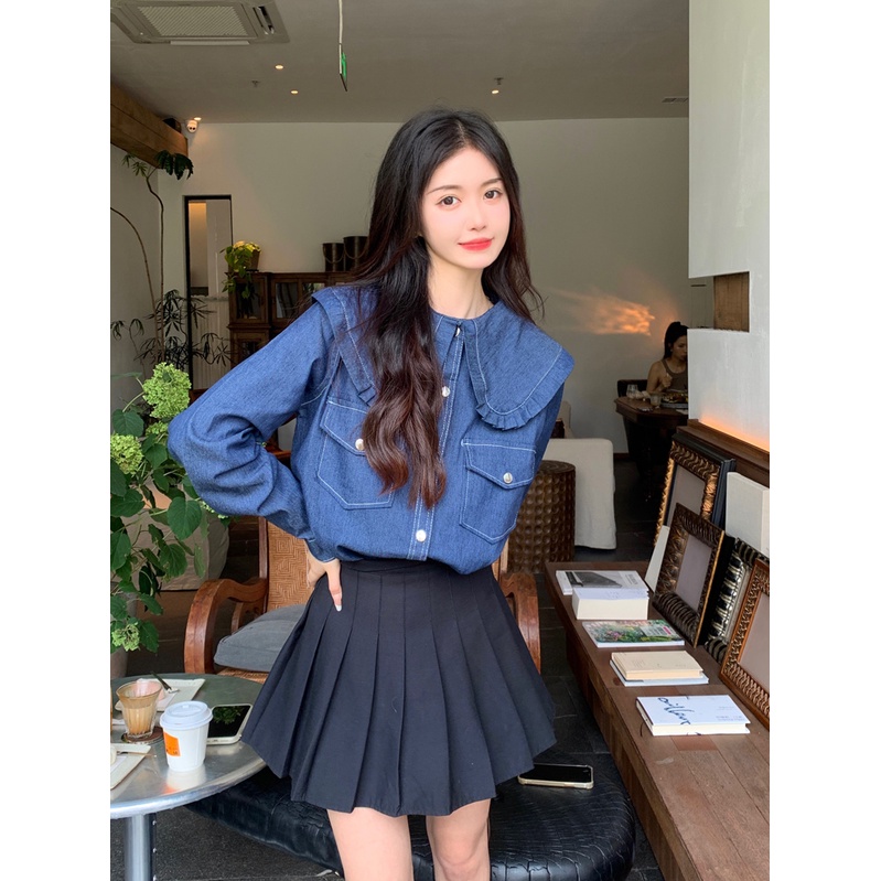 Áo sơ mi SUXI vải denim dài tay dáng rộng cổ búp bê phong cách Hàn Quốc vintage dễ phối đồ cho nữ