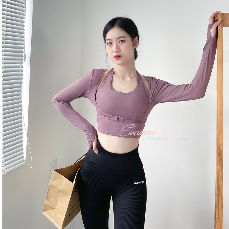 Áo Tập Gym, Yoga, Aerobic Nữ Tay Dài Trước Ngực Kèm Bra, Áo Mùa Lạnh 2 Lớp, Thể Thao, Ôm Body Co giản Evasport