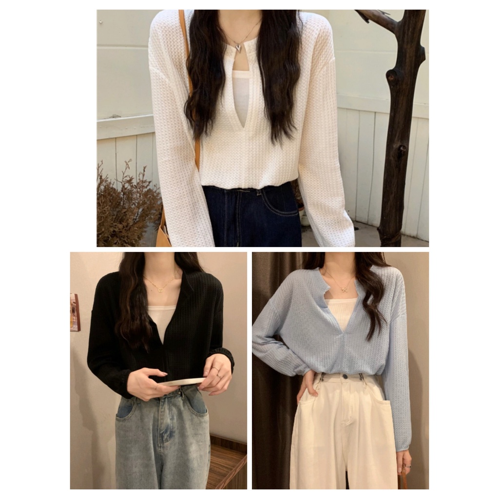 Bộ Thun Cổ V Dài Tay Bo Eo Chun Kèm Áo Croptop Vải Tổ Ong 7 Màu Siêu Xinh