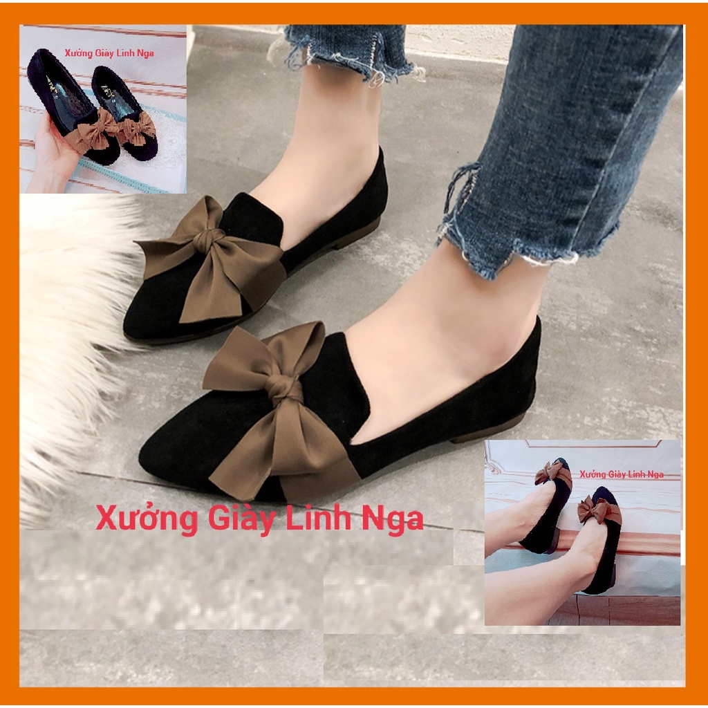 Giày Bệt Nữ Hài Búp Bê Nhung Nơ Cực Xinh Mềm Êm Chân Mũi Vuông Mũi Nhọn Đủ Size 35-39