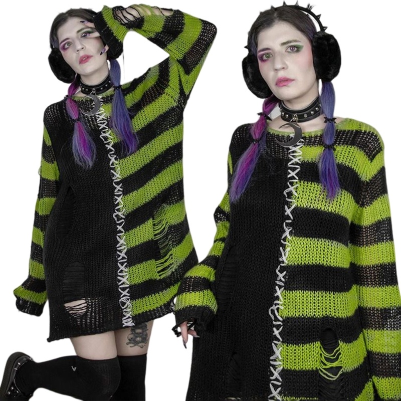 Áo Sweater Dệt Kim Cổ Tròn Dáng Rộng Phối Màu Rách Cá Tính Cho Nữ