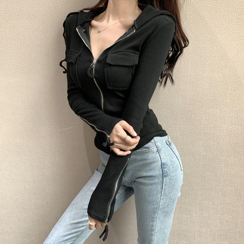 Áo Khoác Tay Dài Có Nón Trùm Ôm Dáng Phối Khóa Kéo Màu Đen Phong Cách Hàn Quốc Cổ Điển Thời Trang Mùa Đông Dành Cho Nữ