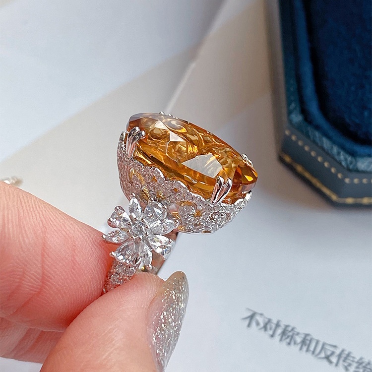 High end big carat zircon internet celebrity live streaming explosive new product simulation yellow crystal full diamond opening ring for women