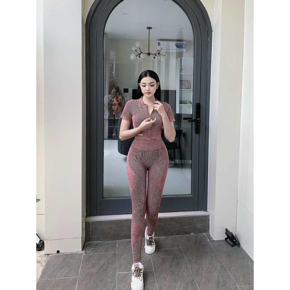Đồ tập gym yoga thể thao nữ, set bộ dệt gân jean áo crop khóa kéo quần dài chun mông cao cấp Bin Sports BD182
