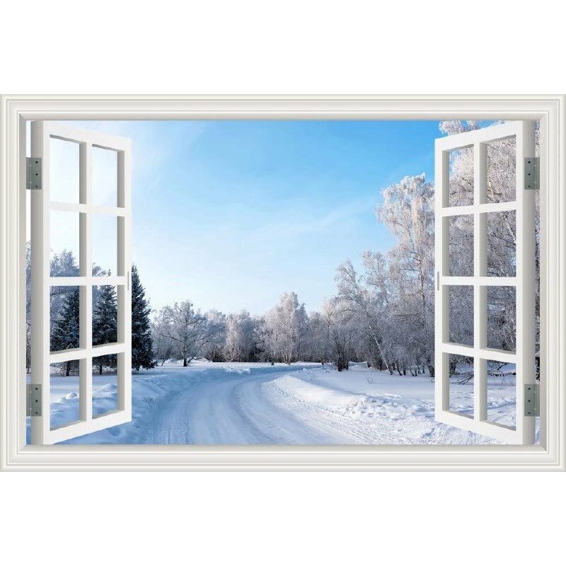 Tranh dán tường cửa sổ 3d với phong cảnh rừng cây xanh đẹp tinh khôi trong ánh nắng sớm mai