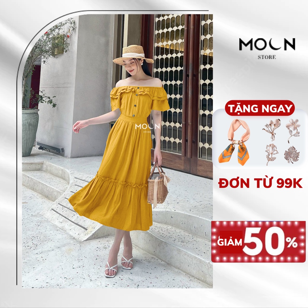 Đầm trễ vai dáng dài thiết kế sang chảnh, váy xòe công chúa nữ tay bồng MV229 Moon