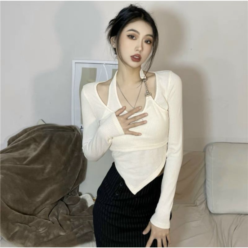 Áo thun tay dài vạt nhọn phối xích (U.GN)