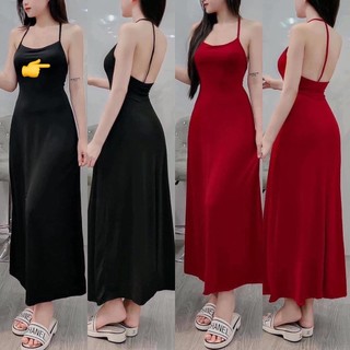 Đầm thun gân nữ dây yếm choàng cổ dáng dài xòe có mút ngực hot