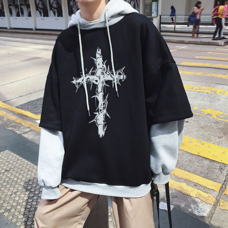 Áo Hoodie Giả Hai Lớp Lót Nhung Dáng Rộng Thời Trang Mùa Đông Cho Nam