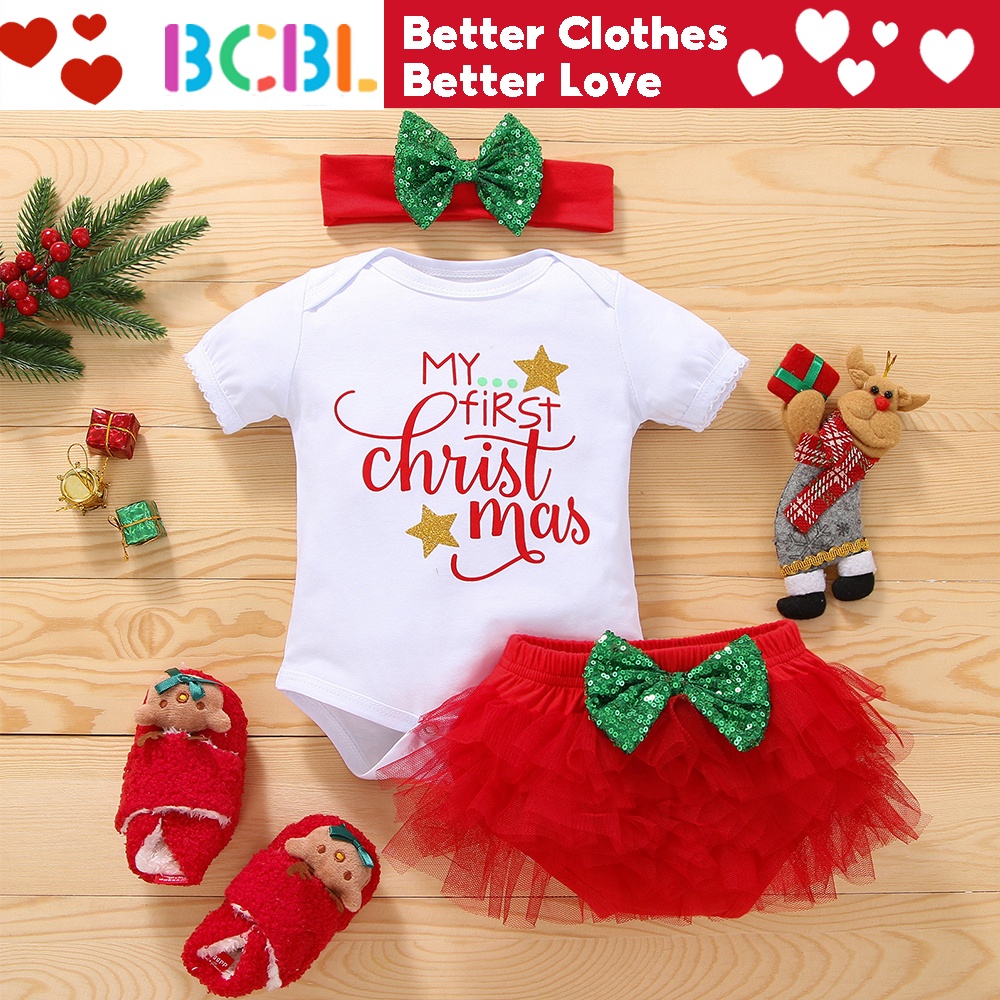 Bộ đồ 3 món BCBL gồm áo liền quần + chân váy tutu + băng đô nơ phong cách giáng sinh cho bé gái